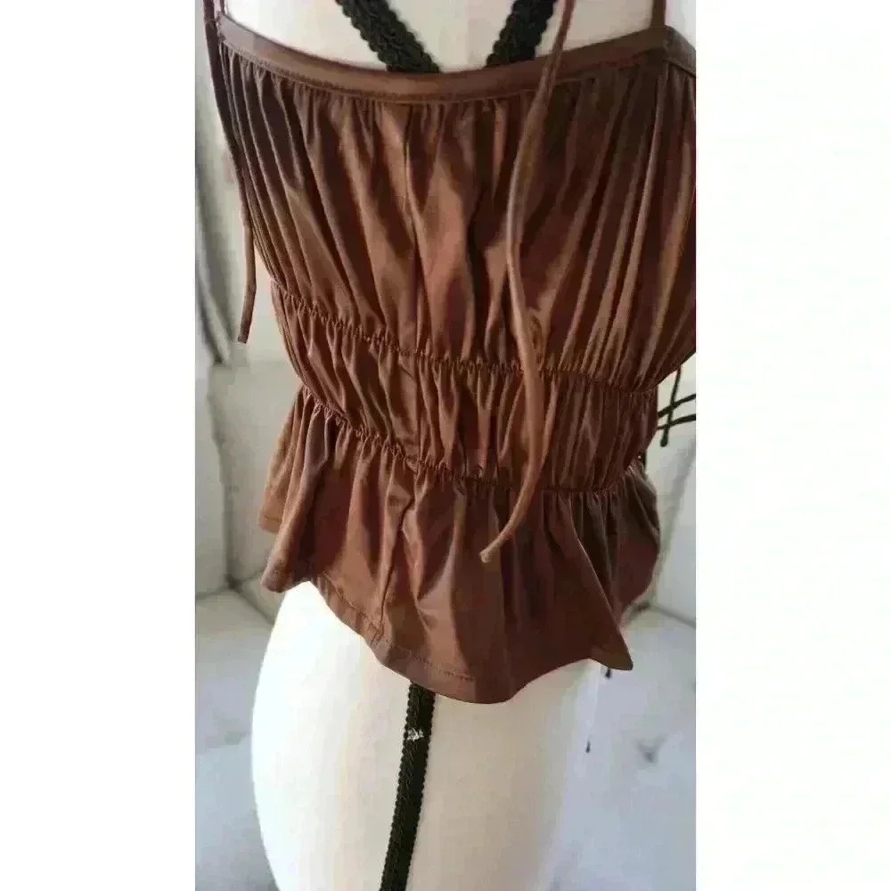 Tic Toc Women's Satin Brown Tie-Front Bustier Top, Size L - Picture 9 of 13